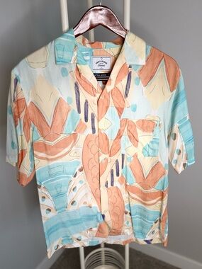 Portuguese Flannel Floral-Abstract Camp Shirt - Peach & Light Blue